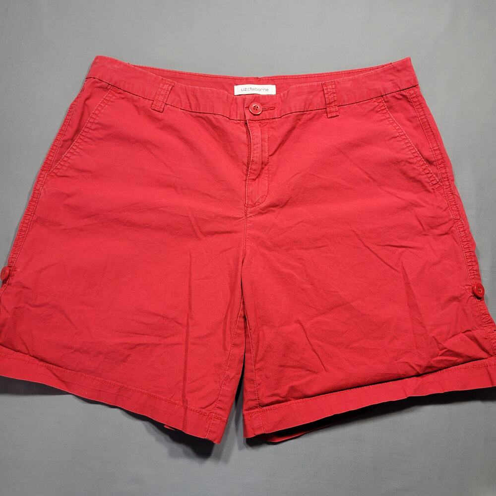 Liz Claiborne Womens Shorts Size 10 Red Bold Stretch Shortie Roll Tab Preppy Zip
